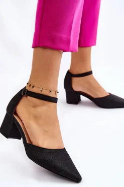 Modne Błyszczące Czółenka Na Niskim Obcasie Czarne Leilany