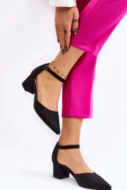 Modne Błyszczące Czółenka Na Niskim Obcasie Czarne Leilany