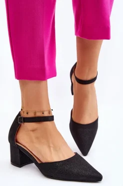 Modne Błyszczące Czółenka Na Niskim Obcasie Czarne Leilany