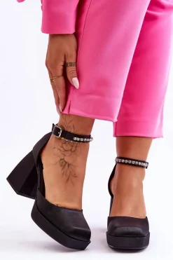 Modne Czółenka Na Masywnym Obcasie Z Cyrkoniami Czarne Adel