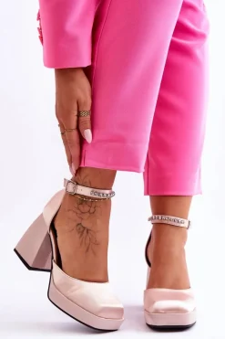 Modne Czółenka Na Masywnym Obcasie Z Cyrkoniami Beżowe Adel