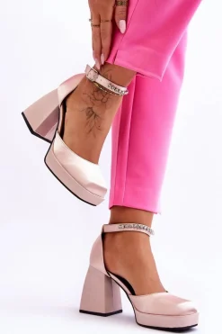 Modne Czółenka Na Masywnym Obcasie Z Cyrkoniami Beżowe Adel