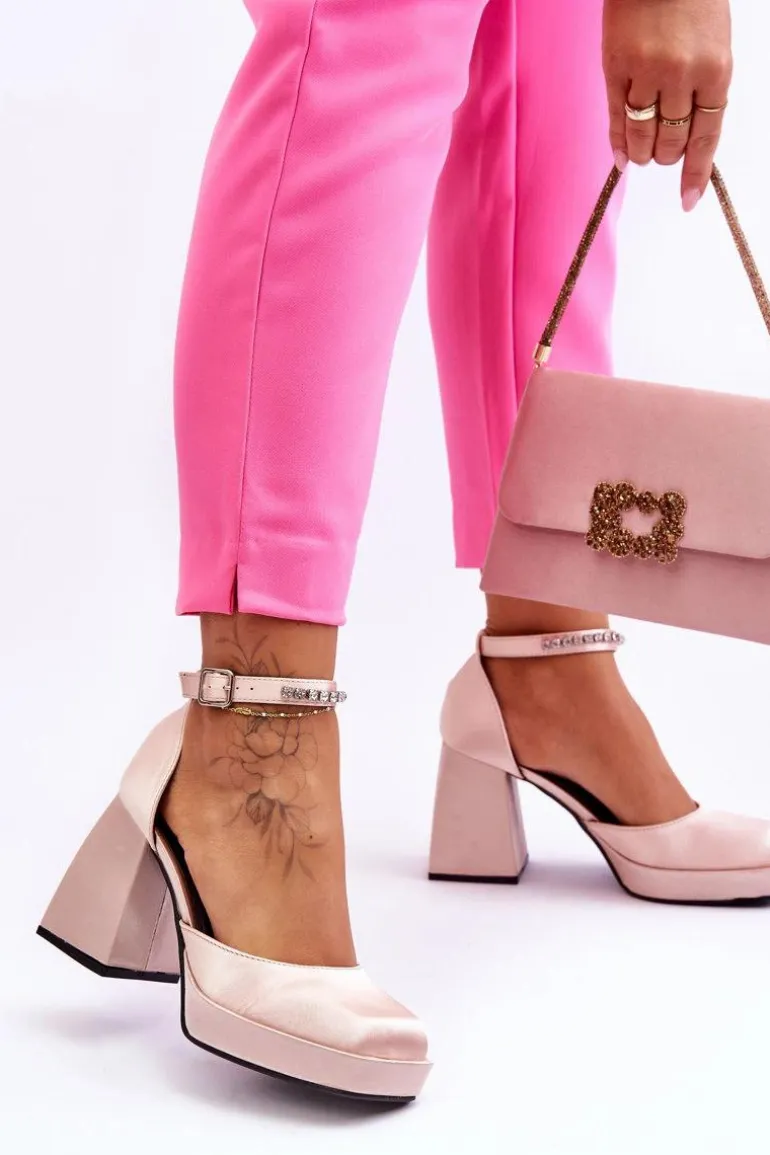 Modne Czółenka Na Masywnym Obcasie Z Cyrkoniami Beżowe Adel