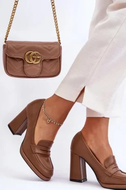 Modne Czółenka Na Słupku Brązowe Florence