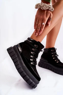 Modne Damskie Botki Na Platformie Czarne Magnific