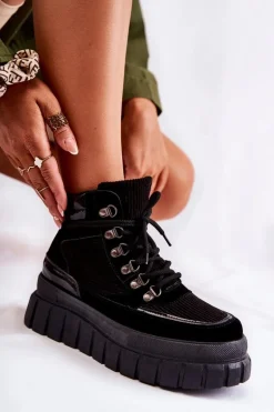 Modne Damskie Botki Na Platformie Czarne Magnific