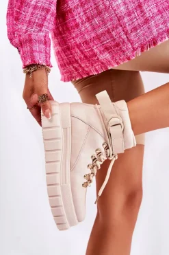 Modne Damskie Botki Na Platformie Z Paskiem Jasnobeżowe La Blanca