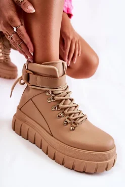 Modne Damskie Botki Na Platformie Z Paskiem Beżowe La Blanca