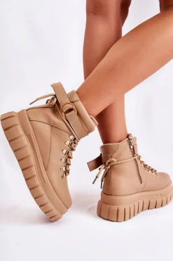 Modne Damskie Botki Na Platformie Z Paskiem Beżowe La Blanca