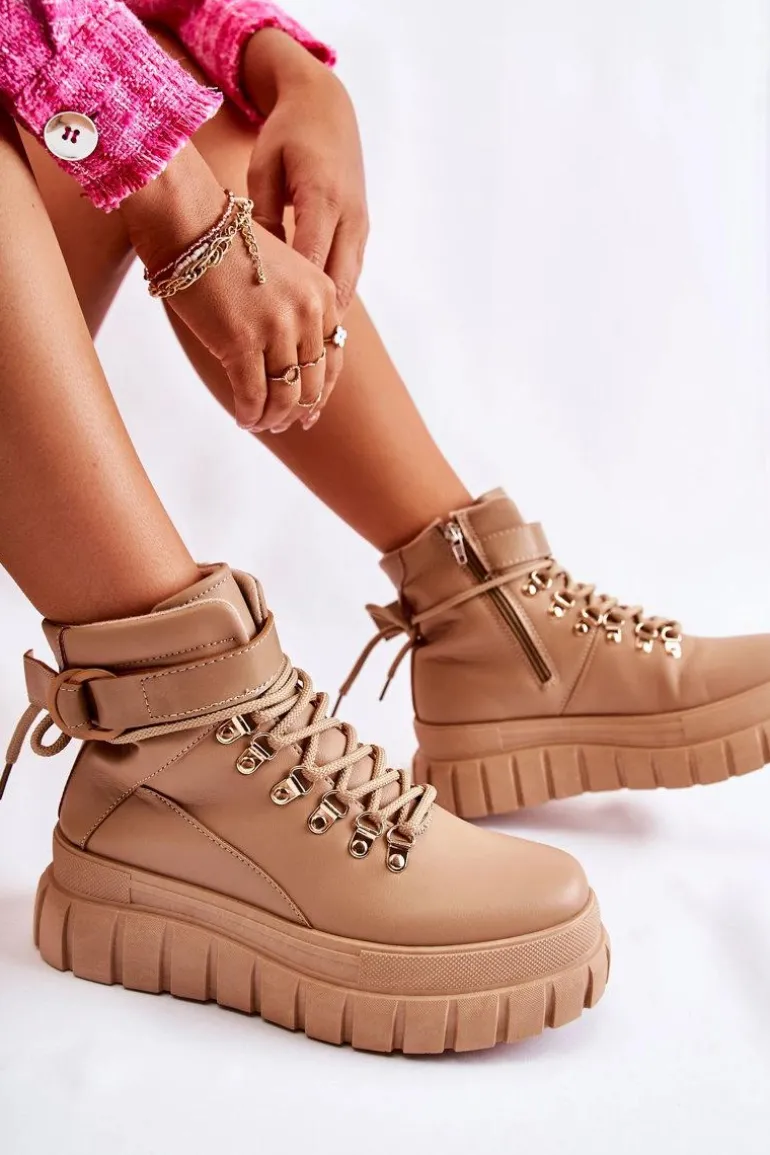 Modne Damskie Botki Na Platformie Z Paskiem Beżowe La Blanca
