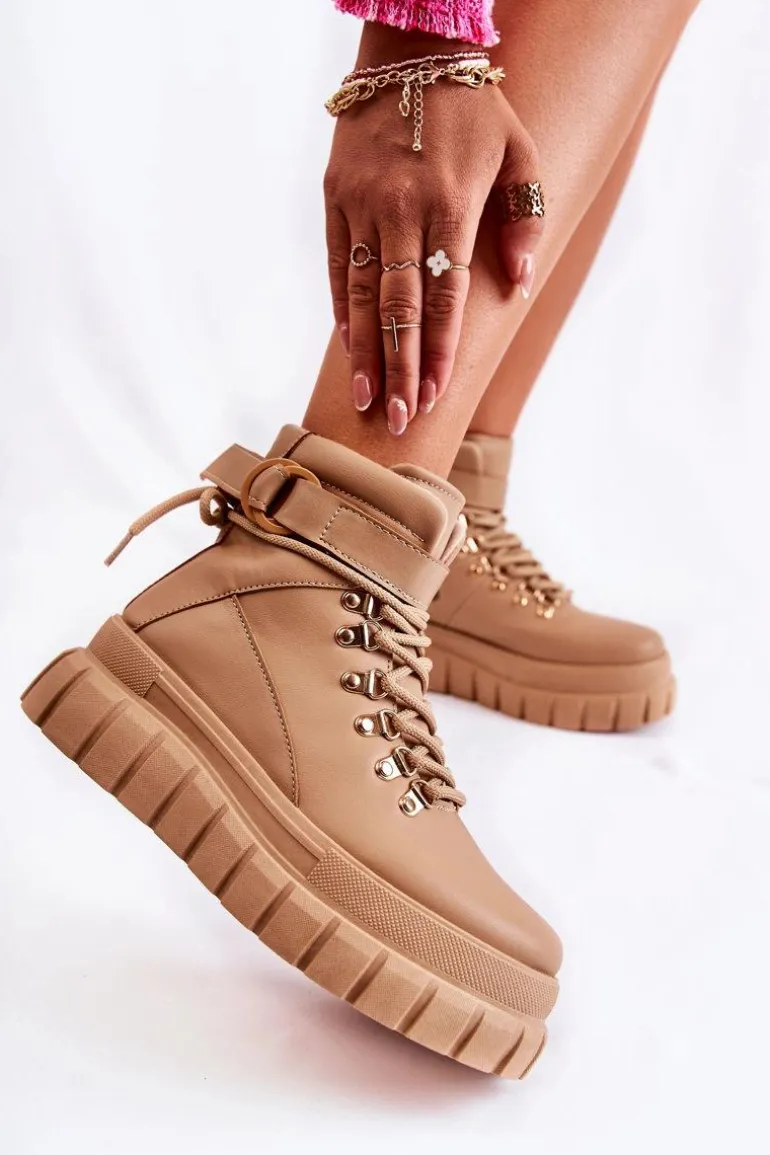 Modne Damskie Botki Na Platformie Z Paskiem Beżowe La Blanca