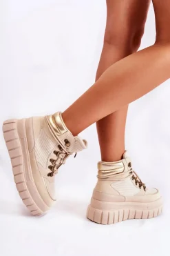Modne Damskie Botki Na Platformie Beżowe Magnific