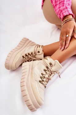 Modne Damskie Botki Na Platformie Beżowe Magnific