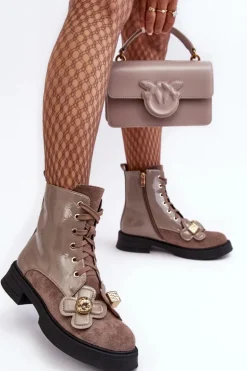 Modne Damskie Botki Na Suwak Z Ozdobami D&A MR870-76 Szaro-Brązowe