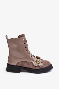 Modne Damskie Botki Na Suwak Z Ozdobami D&A MR870-76 Szaro-Brązowe