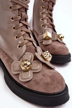 Modne Damskie Botki Na Suwak Z Ozdobami D&A MR870-76 Szaro-Brązowe