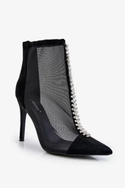 Modne Damskie Botki Na Szpilce Z Siateczką Czarne Rummi