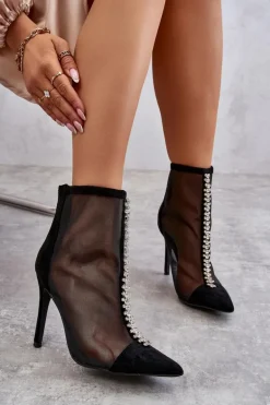 Modne Damskie Botki Na Szpilce Z Siateczką Czarne Rummi