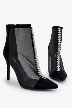Modne Damskie Botki Na Szpilce Z Siateczką Czarne Rummi