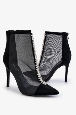 Modne Damskie Botki Na Szpilce Z Siateczką Czarne Rummi