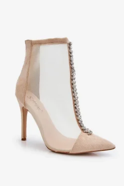 Modne Damskie Botki Na Szpilce Z Siateczką Beżowe Rummi