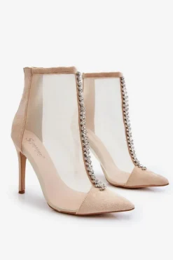 Modne Damskie Botki Na Szpilce Z Siateczką Beżowe Rummi