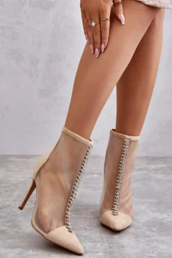 Modne Damskie Botki Na Szpilce Z Siateczką Beżowe Rummi