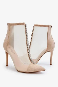 Modne Damskie Botki Na Szpilce Z Siateczką Beżowe Rummi