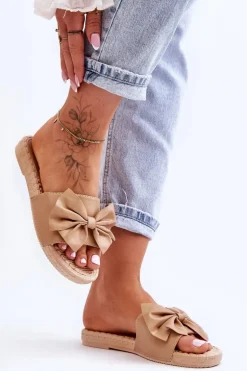 Modne Damskie Klapki Z Kokardą Beżowe Estera