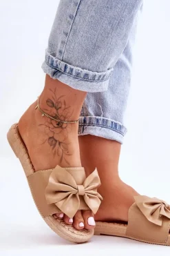 Modne Damskie Klapki Z Kokardą Beżowe Estera