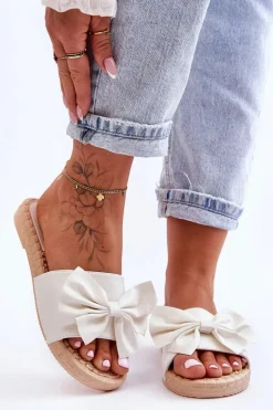 Modne Damskie Klapki Z Kokardą Białe Estera