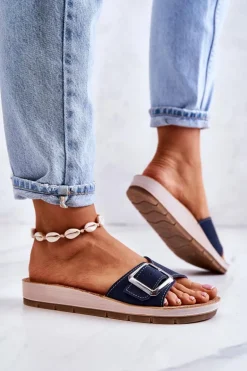 Modne Damskie Klapki Ze Sprzączką Inblu CP000031 Granatowe