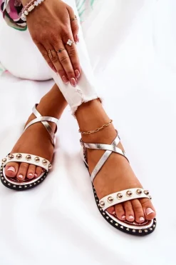 Modne Damskie Sandały Z Dżetami Biało-Srebrne Camalisa