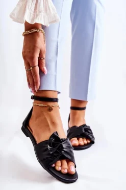 Modne Damskie Skórzane Sandały Czarne Astana