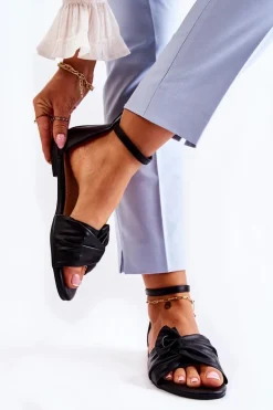 Modne Damskie Skórzane Sandały Czarne Astana