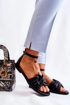 Modne Damskie Skórzane Sandały Czarne Astana
