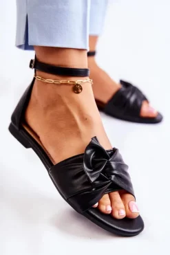 Modne Damskie Skórzane Sandały Czarne Astana