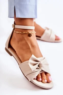 Modne Damskie Skórzane Sandały Beżowe Astana