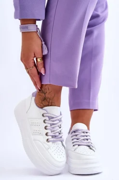 Modne Damskie Sneakersy Na Platformie Biało-Fioletowe Claribel