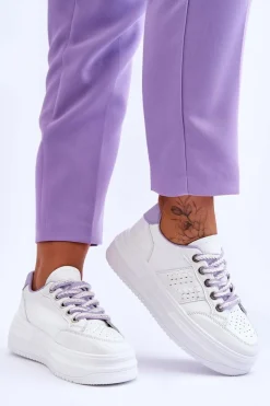 Modne Damskie Sneakersy Na Platformie Biało-Fioletowe Claribel