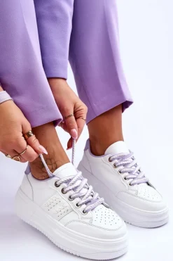 Modne Damskie Sneakersy Na Platformie Biało-Fioletowe Claribel