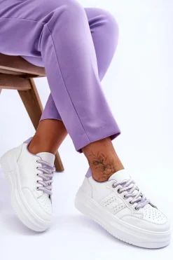 Modne Damskie Sneakersy Na Platformie Biało-Fioletowe Claribel