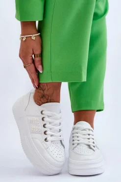 Modne Damskie Sneakersy Na Platformie Białe Claribel