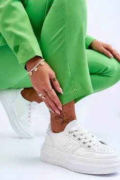 Modne Damskie Sneakersy Na Platformie Białe Claribel