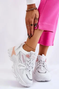 Modne Damskie Sneakersy Na Platformie Biało-Różowe Biko