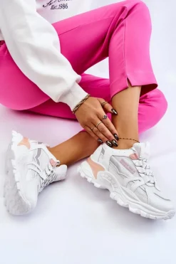 Modne Damskie Sneakersy Na Platformie Biało-Różowe Biko