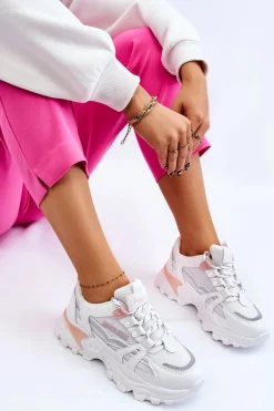Modne Damskie Sneakersy Na Platformie Biało-Różowe Biko