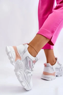 Modne Damskie Sneakersy Na Platformie Biało-Różowe Biko
