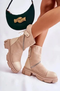 Modne Damskie Zamszowe Botki Na Suwak Beżowe Kandell