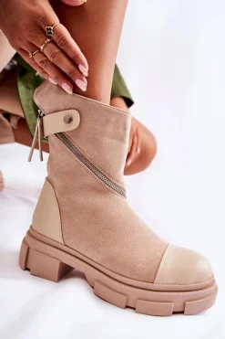Modne Damskie Zamszowe Botki Na Suwak Beżowe Kandell